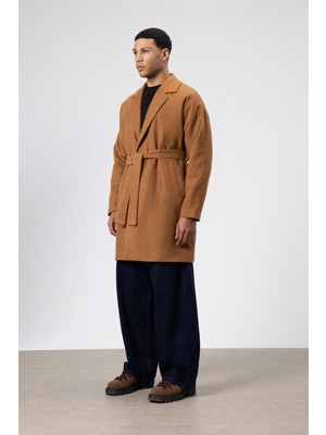 Vamos Kemerli Oversize Kaşe Kaban Taba