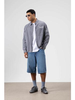 Vamos Oversize Kareli Arka Baskılı Uzun Kol Gömlek Gri-Lacivert