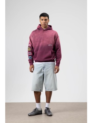 Vamos Oversize Baskılı Kapüşonlu Sweatshirt Bordo