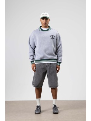 Vamos Oversize Yaka Nakış Detaylı Sweatshirt Gri Melanj