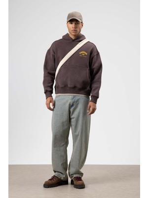 Vamos Oversize Yıkamalı Boxy Fit Kapüşonlu Sweatshirt Kahve