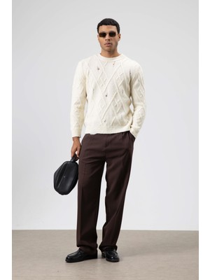 Vamos Oversize Desenli Triko Kazak Ekru