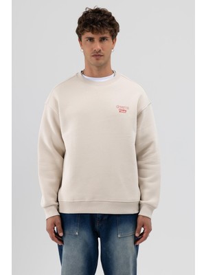 Vamos Oversize Bisiklet Yaka Baskılı Sweatshirt Taş