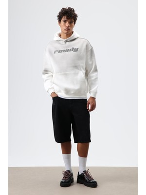 Vamos Oversize Baskılı Yıkamalı Hoodie Ekru