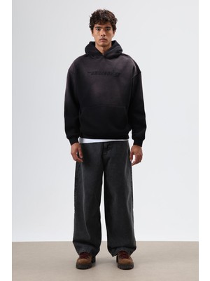 Vamos Oversize Baskılı Yıkamalı Hoodie Siyah