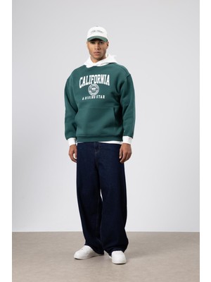 Vamos Çift Renk Baskılı Oversize Sweatshirt Nefti