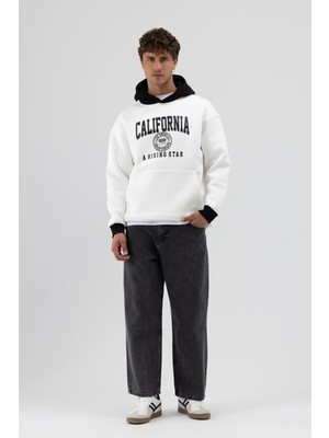 Vamos Çift Renk Baskılı Oversize Sweatshirt Ekru