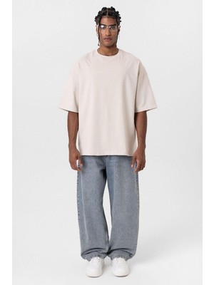 Vamos Basic Oversize Bisiklet Yaka Tişört Bej