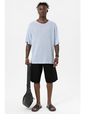 Vamos Basic Oversize Örme Triko Tişört Bebe Mavi