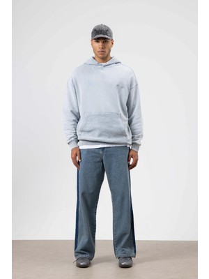 Vamos Oversize Yıkamalı Baskılı Kapüşonlu Sweatshirt Gri