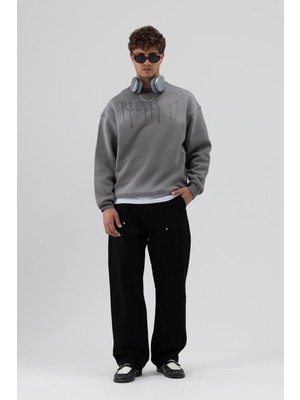 Vamos Yıkamalı Oversize Baskılı Sweatshirt Siyah