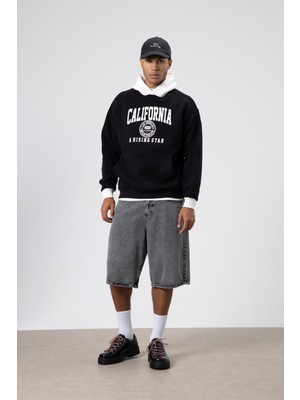 Vamos Çift Renk Baskılı Oversize Sweatshirt Siyah