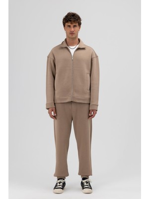 Vamos Oversize Önü Fermuarlı Dik Yaka Sweatshirt Vizon