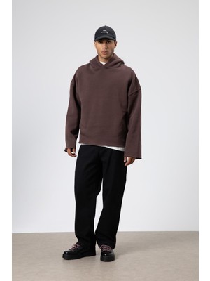Vamos Basic Oversize Dikişsiz Kapüşonlu Sweatshirt Kahve