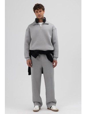 Vamos Oversize Fermuarlı Dik Yaka Sweatshirt Gri