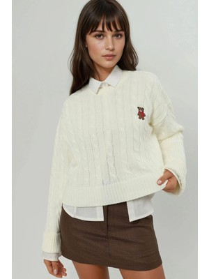 Hiccup Kadın Saç Örgü Desenli Işlemeli Kazak Taş Doğal