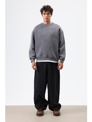 Vamos Basic Oversize Yıkamalı Sweatshirt Füme