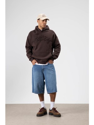 Vamos Oversize Baskılı Kapüşonlu Sweatshirt Kahve
