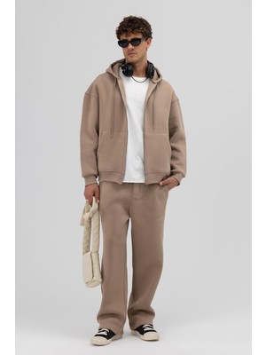 Vamos Basic Fermuarlı Oversize Kapüşonlu Sweatshirt Vizon