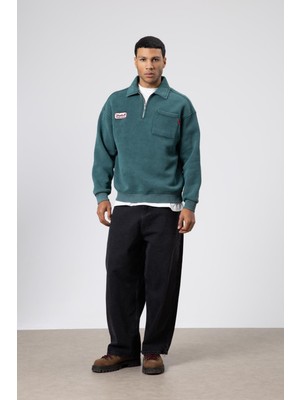 Vamos Yaka Fermuarlı Oversize Baskılı Sweatshirt Nefti