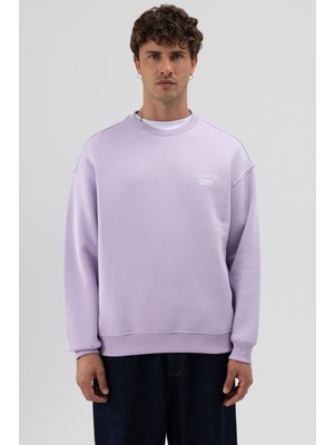 Vamos Oversize Bisiklet Yaka Baskılı Sweatshirt Lila