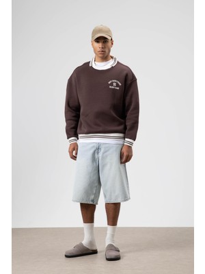 Vamos Oversize Yaka Nakış Detaylı Sweatshirt Kahve