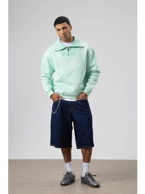 Vamos Oversize Fermuarlı Yaka Sweatshirt Mint