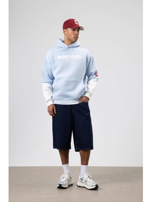 Vamos Oversize Baskılı Kapüşonlu Sweatshirt Bebe Mavi