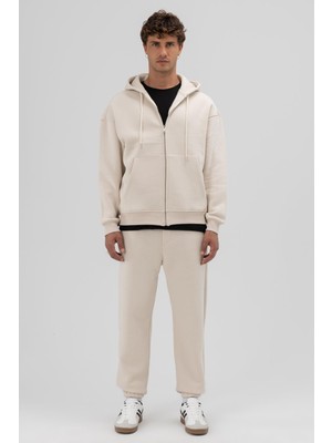 Vamos Basic Fermuarlı Oversize Kapüşonlu Sweatshirt Taş