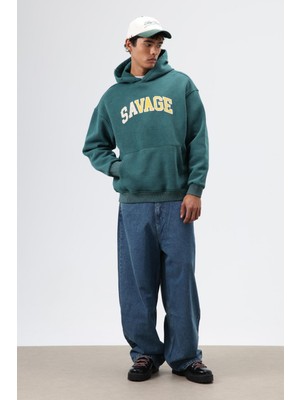 Vamos Oversize Baskılı Kapüşonlu Sweatshirt Nefti