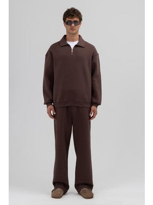 Vamos Oversize Fermuarlı Dik Yaka Sweatshirt Kahve