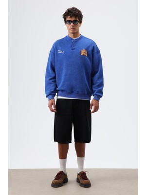 Vamos Oversize Bisiklet Yaka Baskılı Sweatshirt Saks