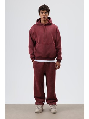 Vamos Basic Oversize Yıkamalı Hoodie Bordo