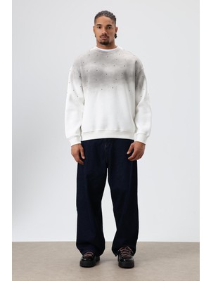 Vamos Yıkamalı Taş Detaylı Oversize Sweatshirt Ekru