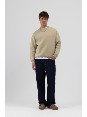 Vamos Oversize Bisiklet Yaka Baskılı Sweatshirt Haki