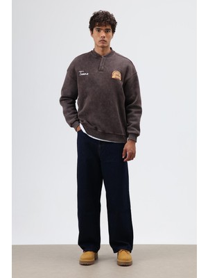 Vamos Oversize Bisiklet Yaka Baskılı Sweatshirt Kahve