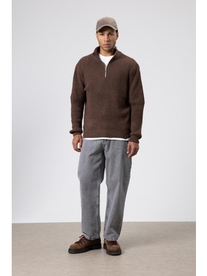 Vamos Fermuarlı Örme Triko Kazak Vizon