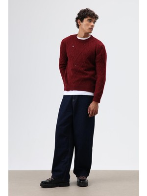 Vamos Oversize Desenli Triko Kazak Bordo