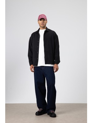 Vamos Dokulu Oversize Gömlek Ceket Siyah