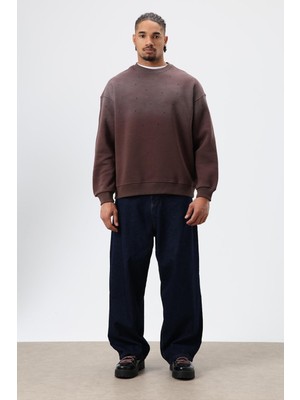 Vamos Yıkamalı Taş Detaylı Oversize Sweatshirt Kahve