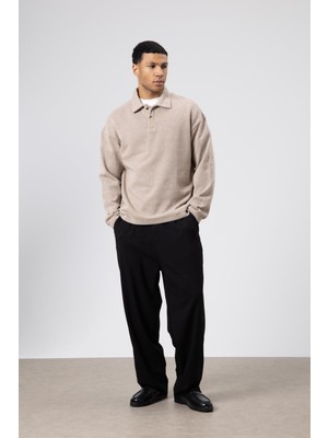 Vamos Oversize Polo Yaka Triko Kazak Vizon