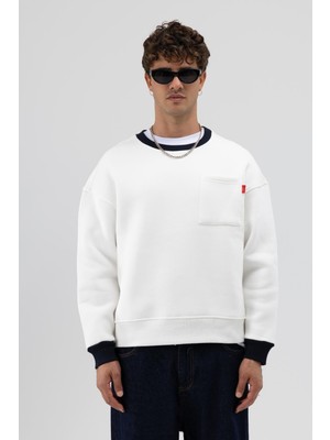 Vamos Bisiklet Yaka Cep Detaylı Oversize Sweatshirt Ekru