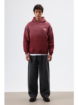 Vamos Oversize Baskılı Kapüşonlu Sweatshirt Bordo