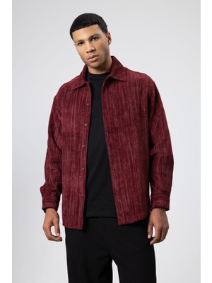 Vamos Oversize Dokulu Gömlek Bordo