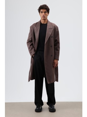 Vamos Oversize Kruvaze Kaban Açık Kahve Pamuk Malzeme ile Uzun Kol Erkekler için Şık Tasarım