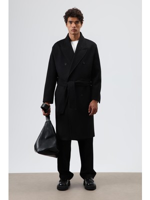 Vamos Oversize Kruvaze Kaşe Kaban Siyah