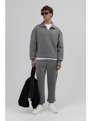 Vamos Oversize Fermuarlı Dik Yaka Sweatshirt Füme