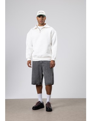 Vamos Basic Fermuarlı Dik Yaka Sweatshirt Ekru