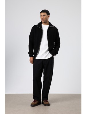 Vamos Oversize Fermuarlı Triko Hırka Siyah