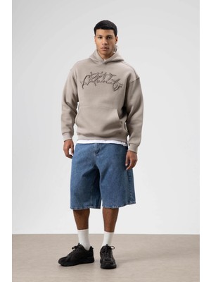 Vamos Oversize Baskılı Kapüşonlu Sweatshirt Açık Vızon